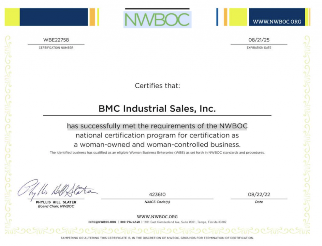 BMC Industrial National Association of Women Business Owners Certificate 